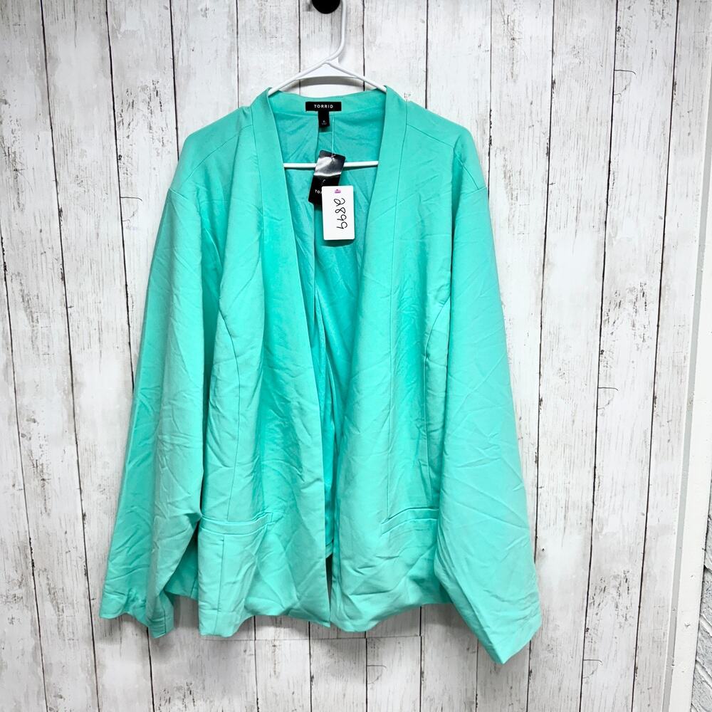 New Torrid Jacket Women Sz‎ 6 Teal Open Front Collared Long Sleeve Blazer Preppy